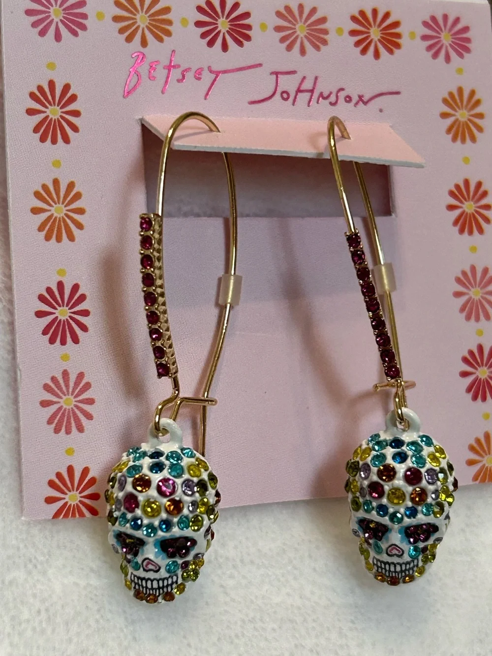 Betsey Johnson Sugar Skull Crystal Drop Hoop Earrings NWT